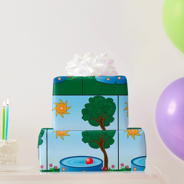 Kids Backyard Pool Scene with Sun Tree Wrapping Paper (Creator Uploaded)