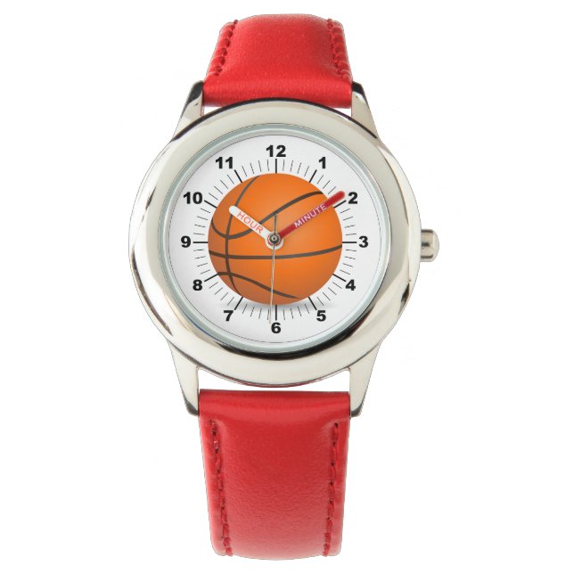 Kid's Basketball Red Leather Strap Watch (Front)