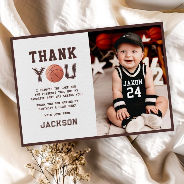 Kids Basketball Watercolor Birthday Party Photo Thank You Card (Creator Uploaded)