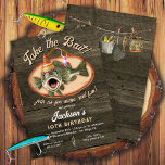 Kids Bass Fishing Funny birthday Invitation<br><div class="desc">Funny Fishing themed Birthday Party with a Bass with a party hat ready to take the bait with a Rustic dark greenish wood plank background. Wonderful for a party with a sports, outdoor adventure theme at any age or gender! To make more changes go to Personalise this template. On the...</div>