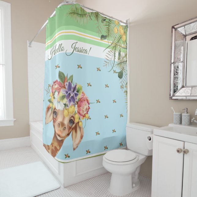 Kids bathroom Cute giraffe floral custom Shower Curtain (In Situ)