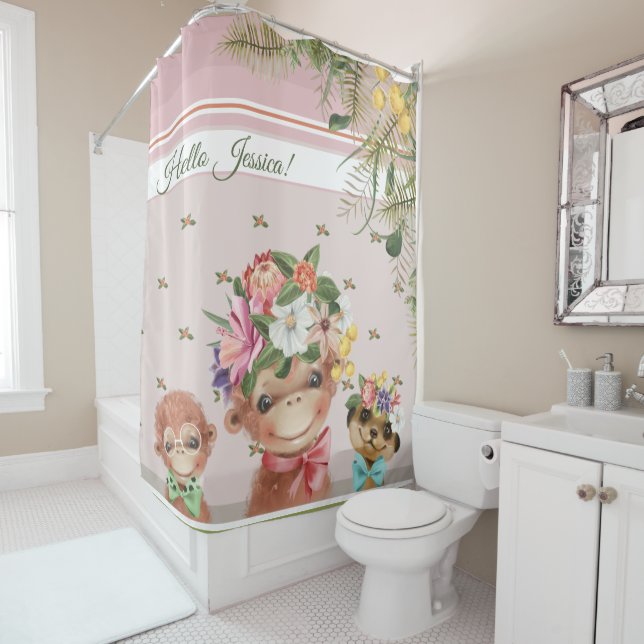 Kids bathroom Cute monkey meerkat floral pink text Shower Curtain (In Situ)