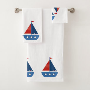 Kids Bathroom Towel set - Red / Blue Sailing Boats