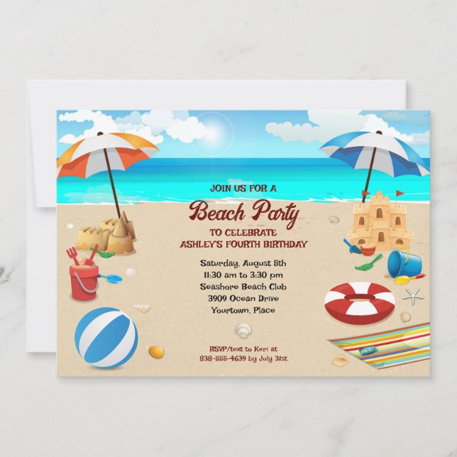Kid's Beach Birthday Party  Invitation (Front)