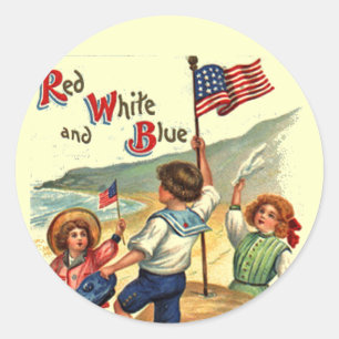 Kids Beach July 4th Flag Vintage Postcard Art Classic Round Sticker