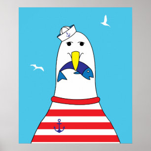 Kids Bedroom Cute Funny Seaside Seagull Bird Poster