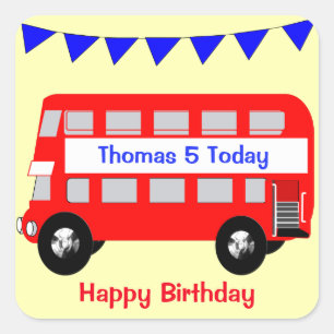 Kids Big Red Bus Happy Birthday Square Sticker