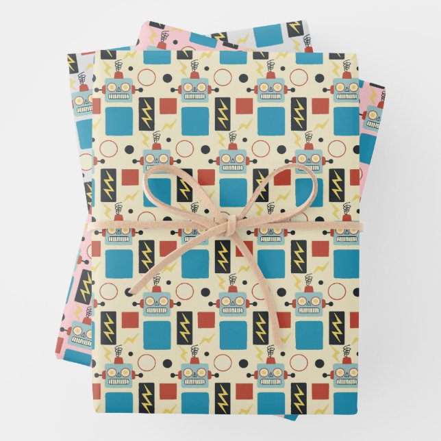 Kids Birthday Antique Robot Pattern Wrapping Paper Sheet (In situ)