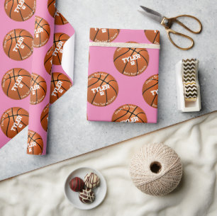 Kid's Birthday, Basketball, Name & Age, Pink Wrapping Paper