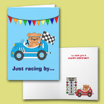 Kids Birthday Bear Car Race Card<br><div class="desc">A racing teddy bear waves his chequered flag from Car #4. A brightly coloured flag banner waves behind him. Below him is your custom text in bright red, and placed on a bright blue background. The inside has a second teddy bear image in a red racing car, plus an image...</div>