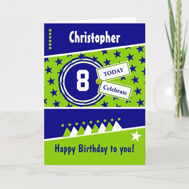 Kids Birthday blue green and white any age name Card (Front)