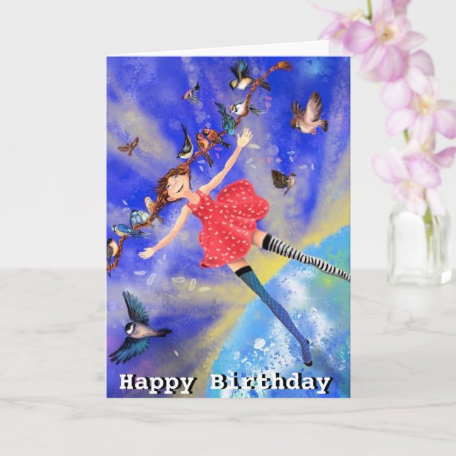Kids Birthday Card Happy Girl with Birds (Orchid)