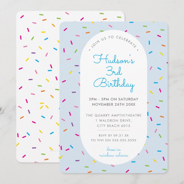 KIDS BIRTHDAY colourful boy sprinkles border blue Invitation (Front/Back)