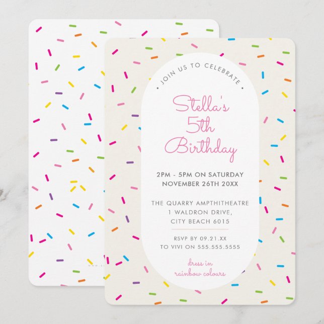 KIDS BIRTHDAY colourful girly sprinkles border pin Invitation (Front/Back)