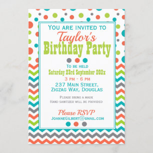 Kids Birthday Colourful Polka Dot ZigZag Invitation