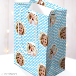 Kids Birthday Custom Photo Blue Hearts Medium Gift Bag