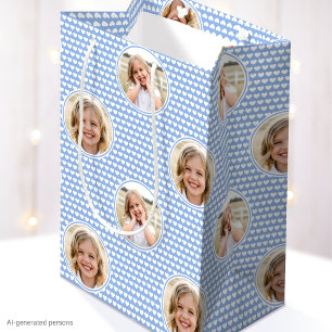 Kids Birthday Custom Photo Cornflower Blue Hearts Medium Gift Bag