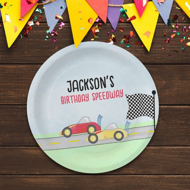 Kids Birthday Cute Boy Cartoon Race Cars Custom Paper Plate (Creator Uploaded)