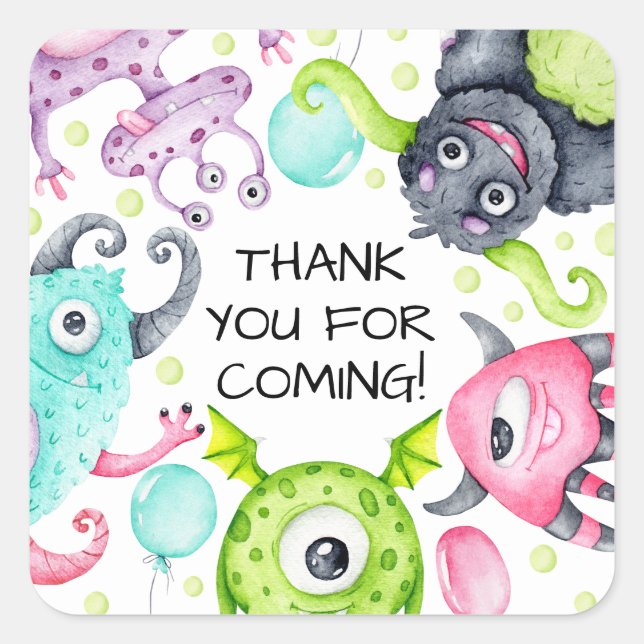 Kids Birthday Cute Monsters Thank You Square Sticker (Front)