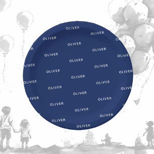 Kid's Birthday Dark Blue Name Paper Plate