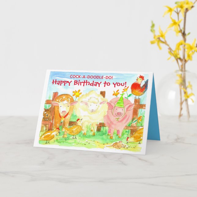Kids Birthday Farm Animals Pig Cow Rooster Card (Yellow Flower)