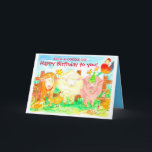 Kids Birthday Farm Animals Pig Cow Rooster Card<br><div class="desc">A birthday card for a child featuring barnyard buddies from the farm with a cow,  lamb,  chickens,  and a pig wearing a festive green party hat.  The inside has a shade of bright blue and red text that you can edit to fit your needs.</div>