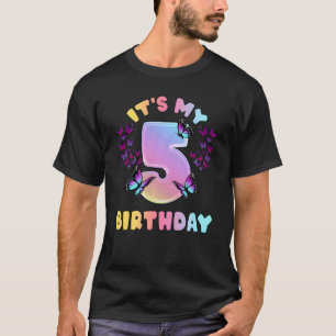 Kids Birthday Girl 5 Year Old Butterflies It's My T-Shirt