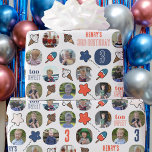 Kid's Birthday Ice Cream Any Age Photo Wrapping Paper<br><div class="desc">This adorable ice cream kids birthday wrapping paper features original drawings of ice cream cones, popsicles, and star balloons in red, white, and blue! There's room for 13 of your favourite photos from the birthday boy's last year! Square photos work best, but other sizes will be automatically adjusted to fit...</div>