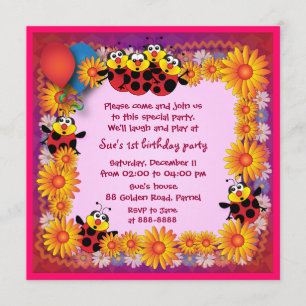 Kids birthday invitation 039B: 7 Ladybugs