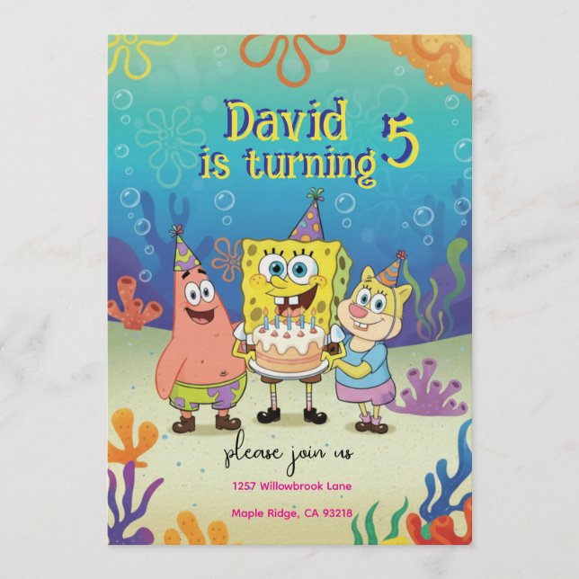Kids Birthday Invitation cute Cartoon Sponge Theme (Front)