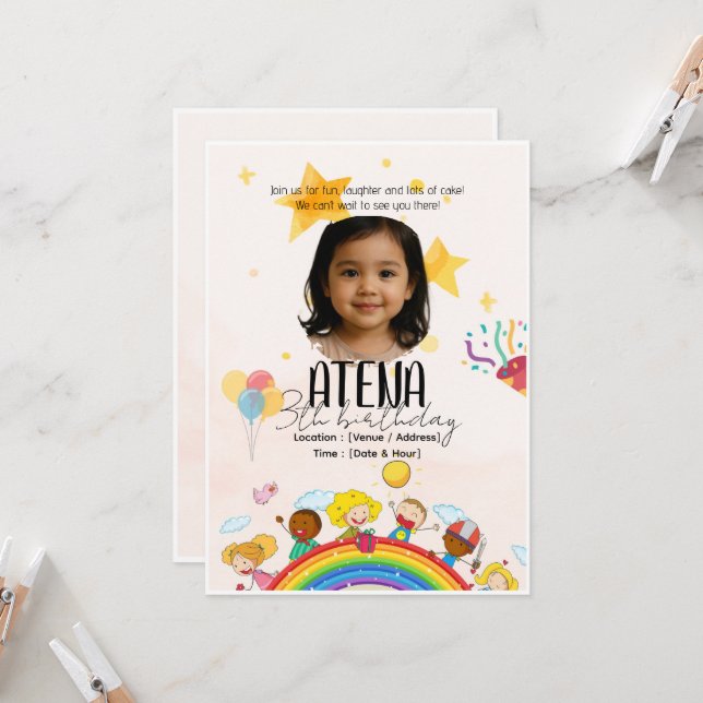 Kids Birthday Invitation – Personalised 5x7 Card (Front/Back In Situ)