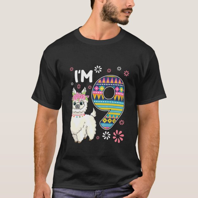 Kids Birthday Llama I'm 9 Year Old Girl Theme 9Th T-Shirt (Front)