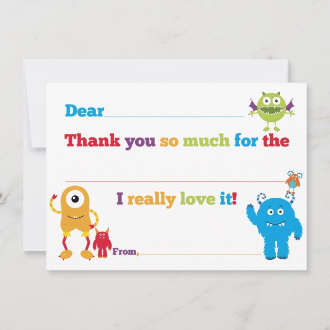 Kids Birthday Monster Fill in Thank You Cards (Front)