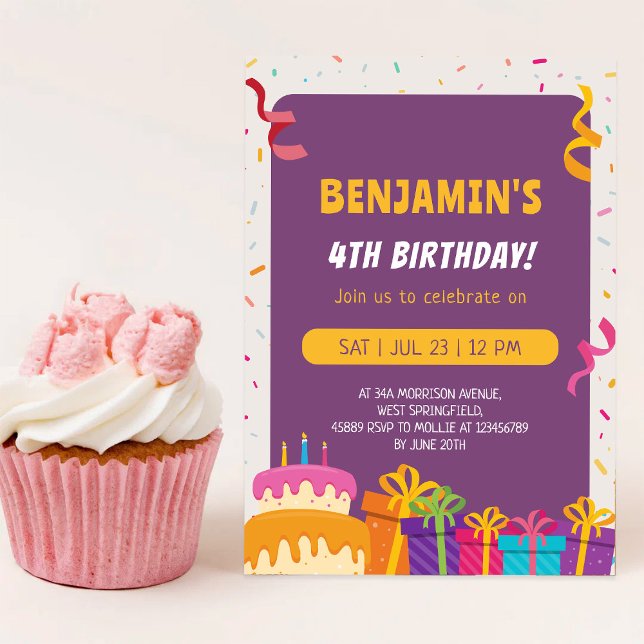 Kids Birthday Party Cake And Gifts Design Birthday Invitation (Creator Uploaded)