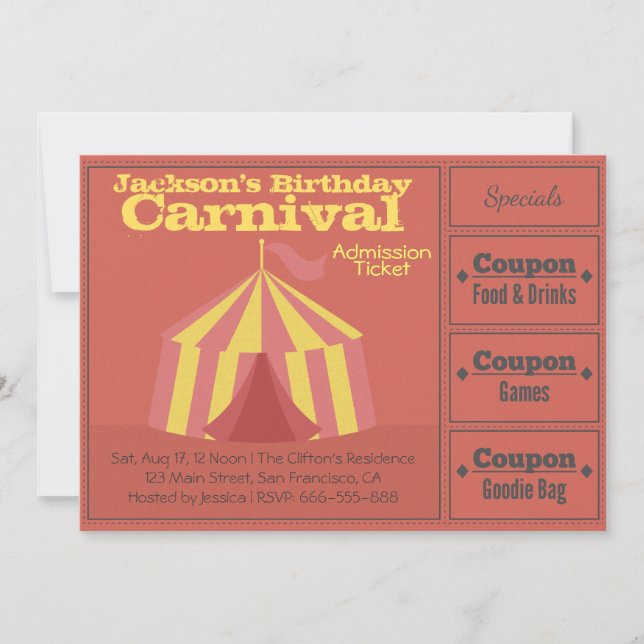 Kids Birthday Party: Carnival Admission Ticket Invitation (Front)