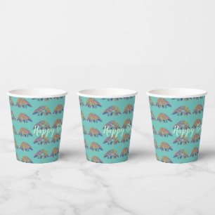 Kids Birthday Party Colorful Pangolin Teal Name Paper Cups