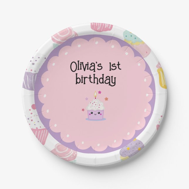 kids birthday party cupcake pastel pattern paper plate (Front)