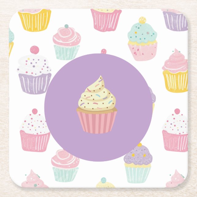 kids birthday party cupcake pastel pattern square paper coaster (Front)
