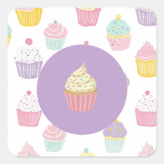 kids birthday party cupcake pastel pattern square sticker