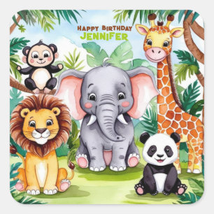 Kids Birthday Party Cute Animals Safari Jungle Square Sticker