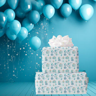 Kids Birthday Party Cute Blue Boys Watercolor Wrapping Paper