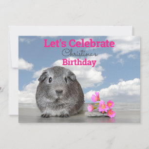 Kid's Birthday Party Cute Guinea Pig Pink Flowers Invitation