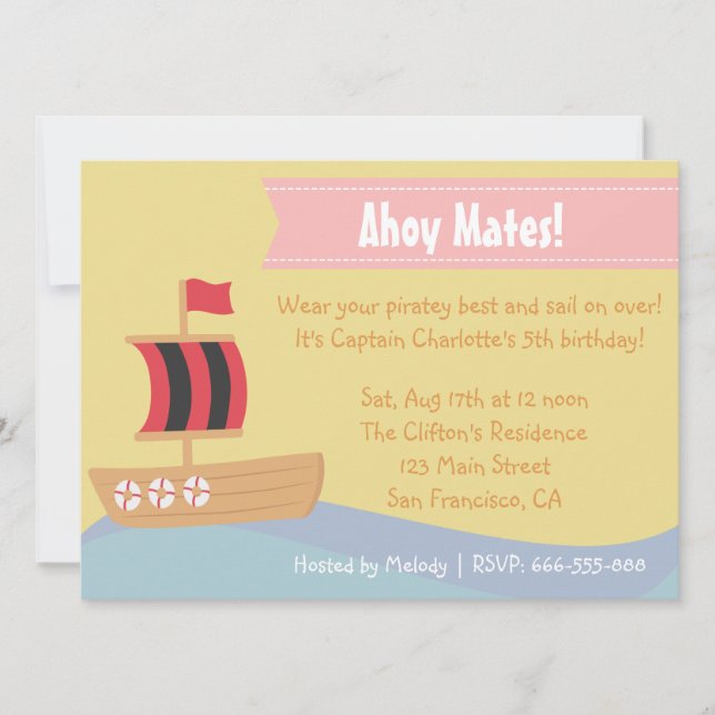 Kids Birthday Party: Cute Pirate Girl Theme Invitation (Front)