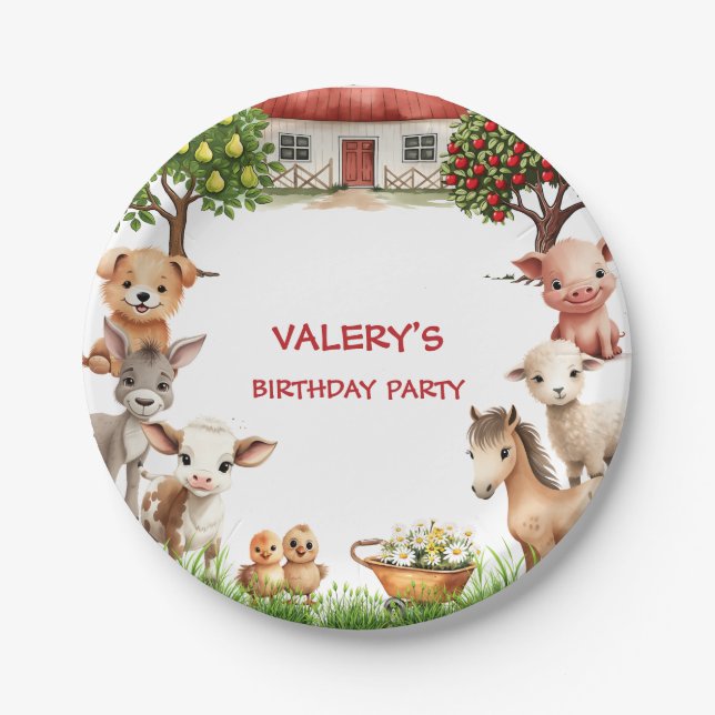 Kids Birthday Party Farm Animals for Girl Paper Plate (Front)