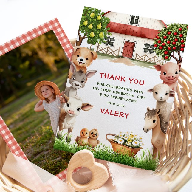 Kids Birthday Party Farm Animals for Girl Photo Thank You Card (Creator Uploaded)