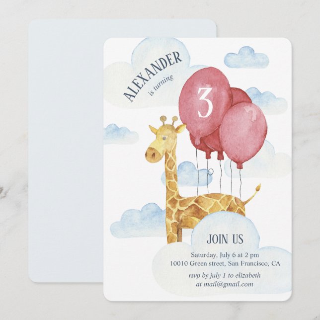 Kids birthday party. Giraffe in sky. Zoo animals Invitation (Front/Back)