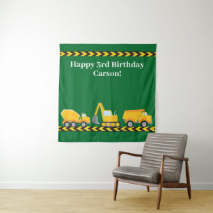 Kids Birthday Party Green Construction Trucks Tapestry