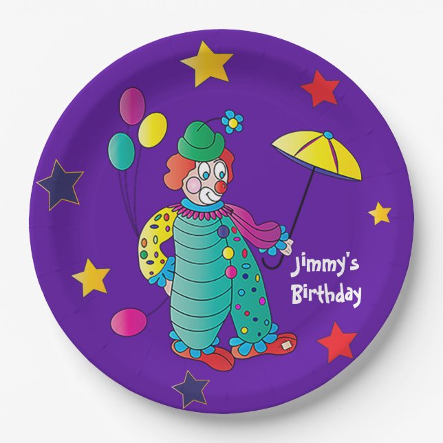 Kid's Birthday Party Happy Clown with Balloons Paper Plate (Front)