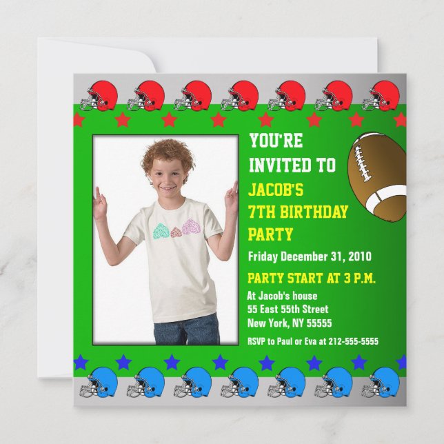 Kids Birthday Party Invitation Add Photo Football (Front)