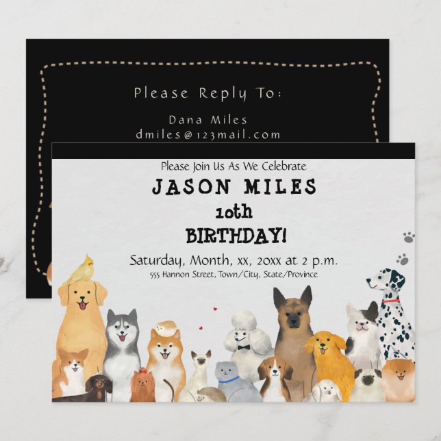 Kid's Birthday Party Invitation, Cute Dogs, Fun Invitation (Front/Back)